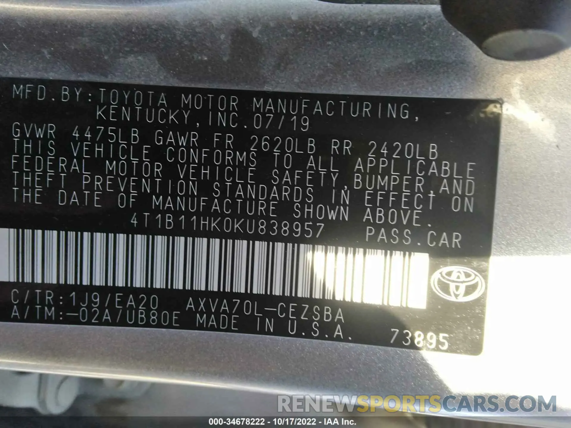9 fotografías del automóvil dañado 4T1B11HK0KU838957 TOYOTA CAMRY 2019