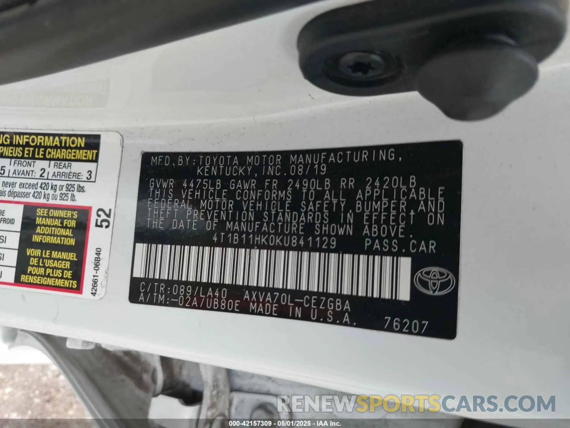 9 fotografías del automóvil dañado 4T1B11HK0KU841129 TOYOTA CAMRY 2019