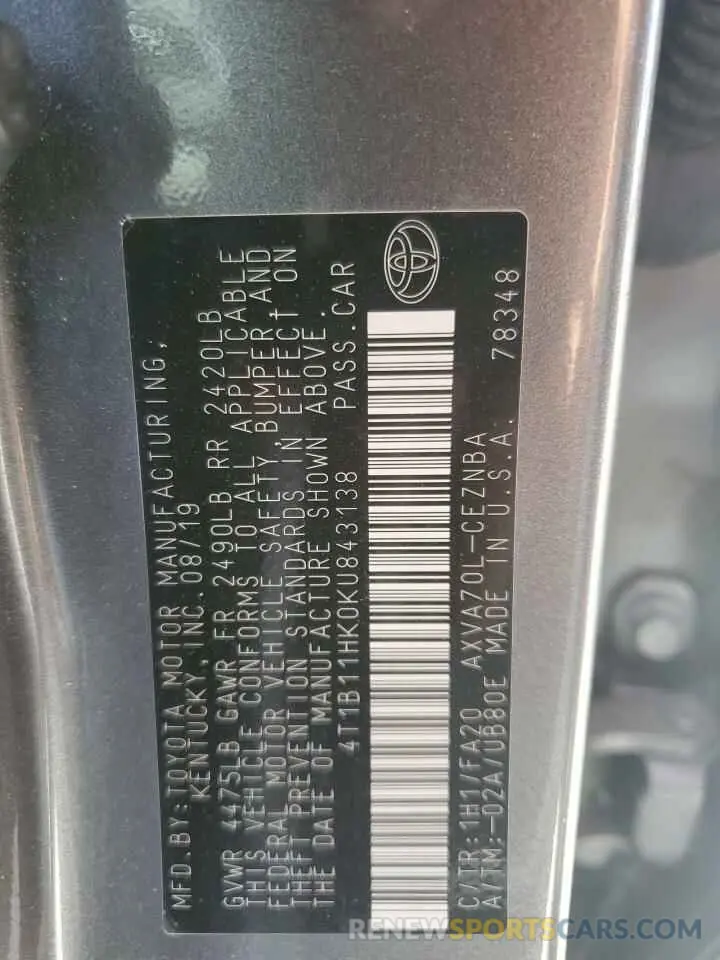 12 fotografías del automóvil dañado 4T1B11HK0KU843138 TOYOTA CAMRY 2019