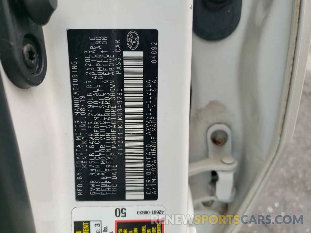 12 fotografías del automóvil dañado 4T1B11HK0KU849280 TOYOTA CAMRY 2019