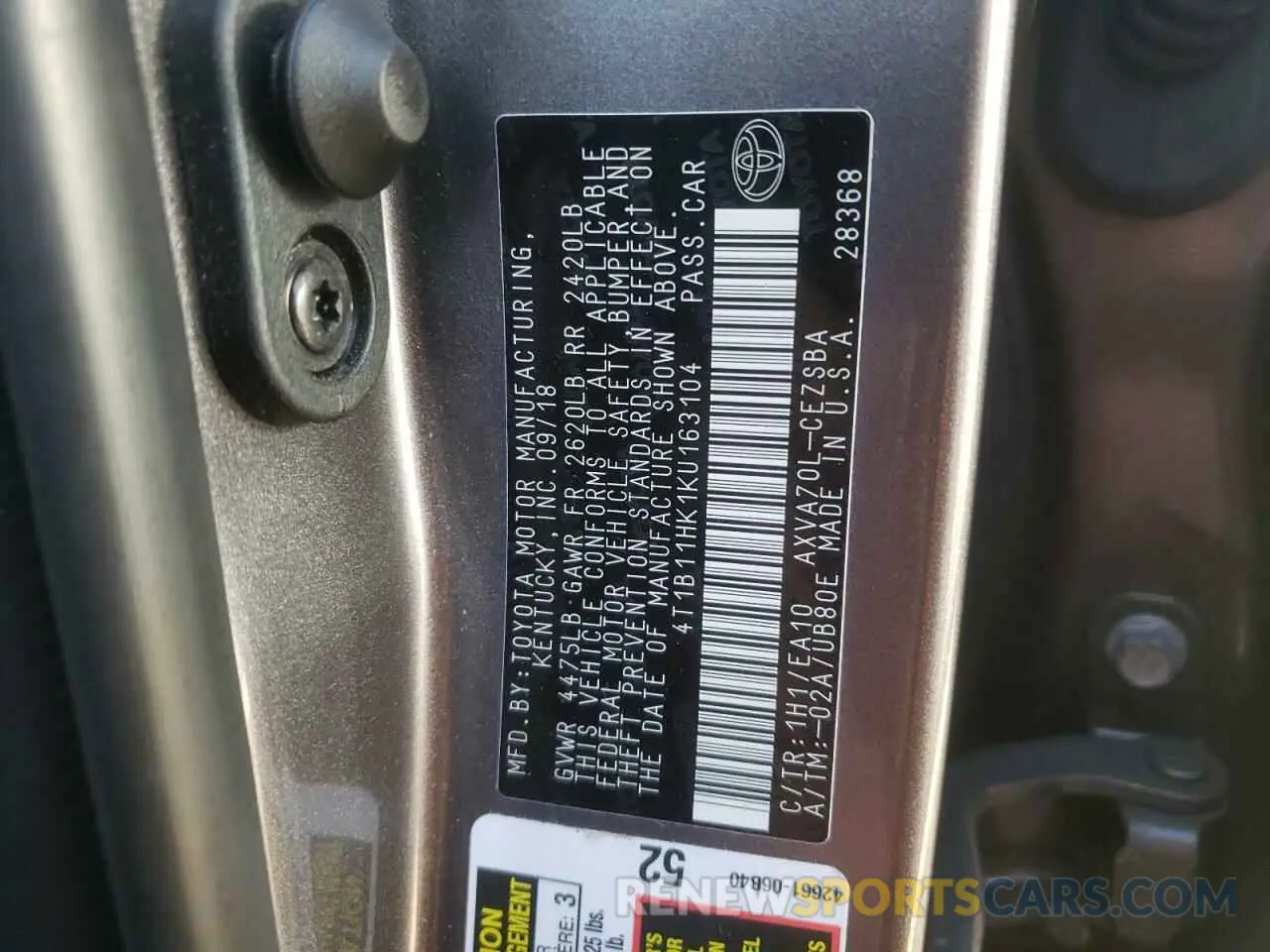 10 fotografías del automóvil dañado 4T1B11HK1KU163104 TOYOTA CAMRY 2019