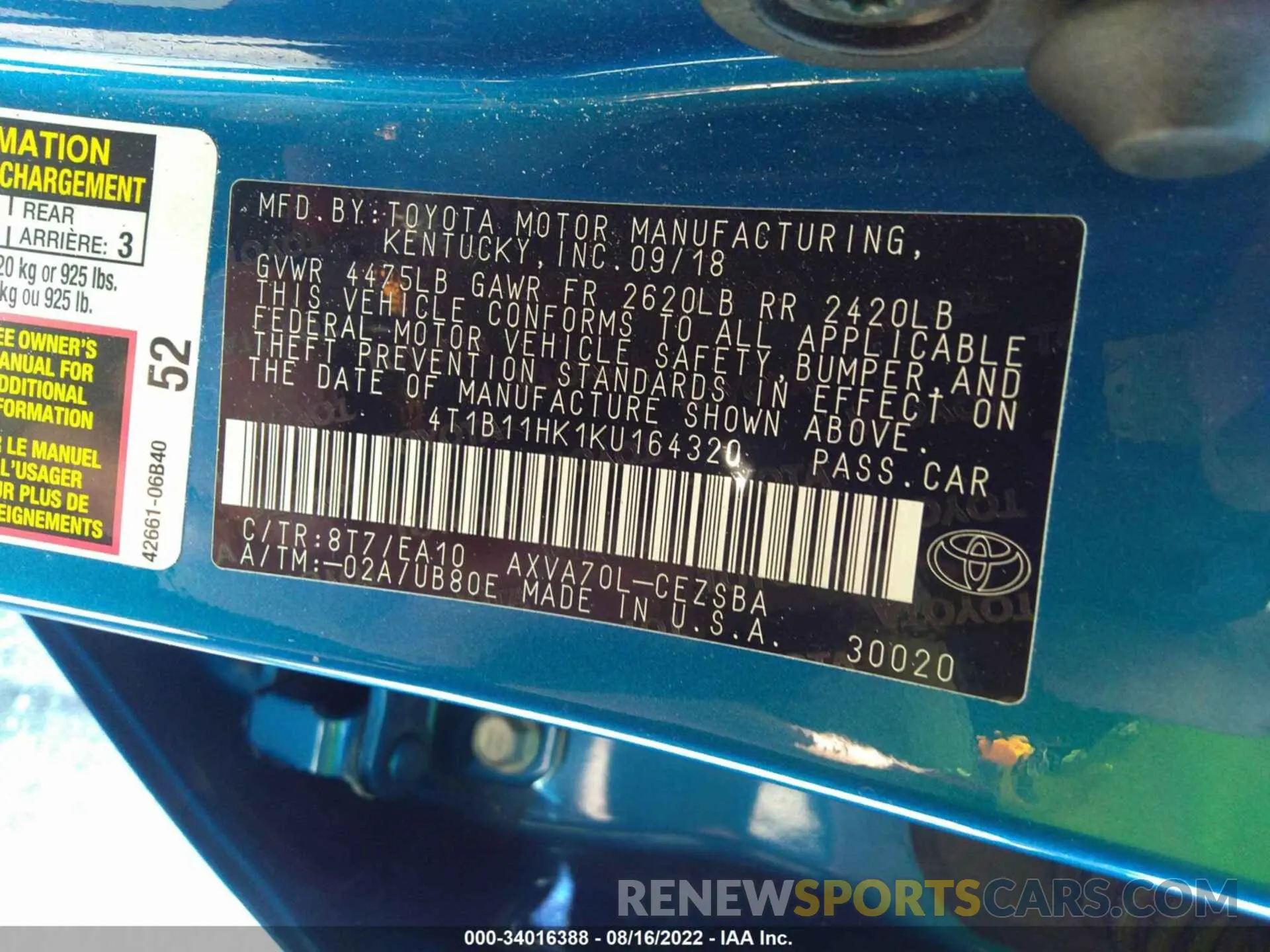 9 fotografías del automóvil dañado 4T1B11HK1KU164320 TOYOTA CAMRY 2019