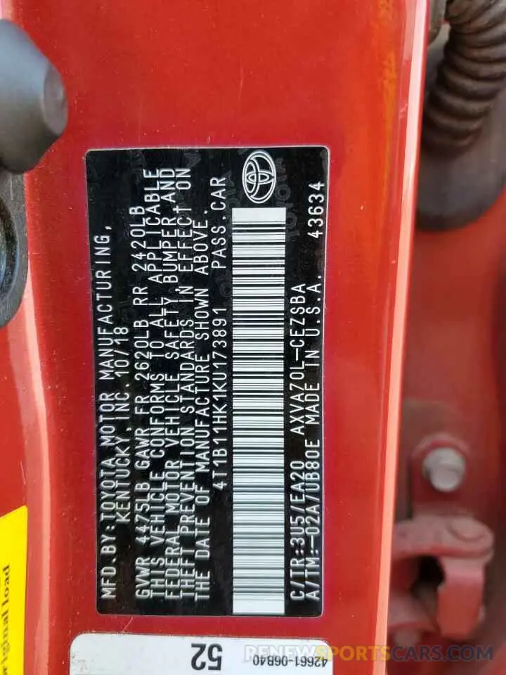 12 fotografías del automóvil dañado 4T1B11HK1KU173891 TOYOTA CAMRY 2019