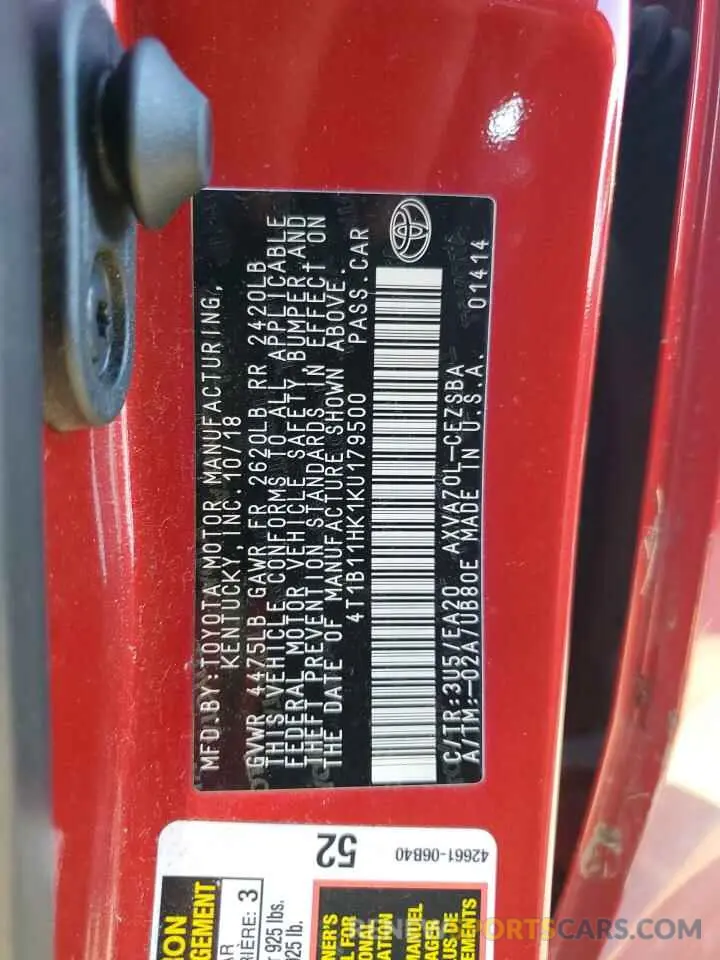 12 fotografías del automóvil dañado 4T1B11HK1KU179500 TOYOTA CAMRY 2019