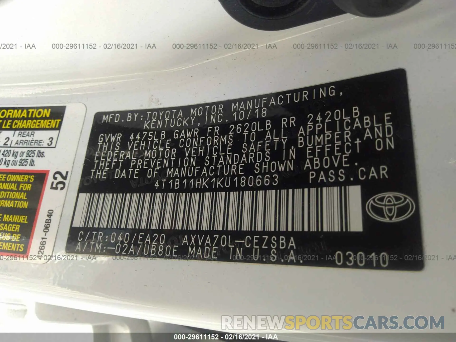 9 fotografías del automóvil dañado 4T1B11HK1KU180663 TOYOTA CAMRY 2019