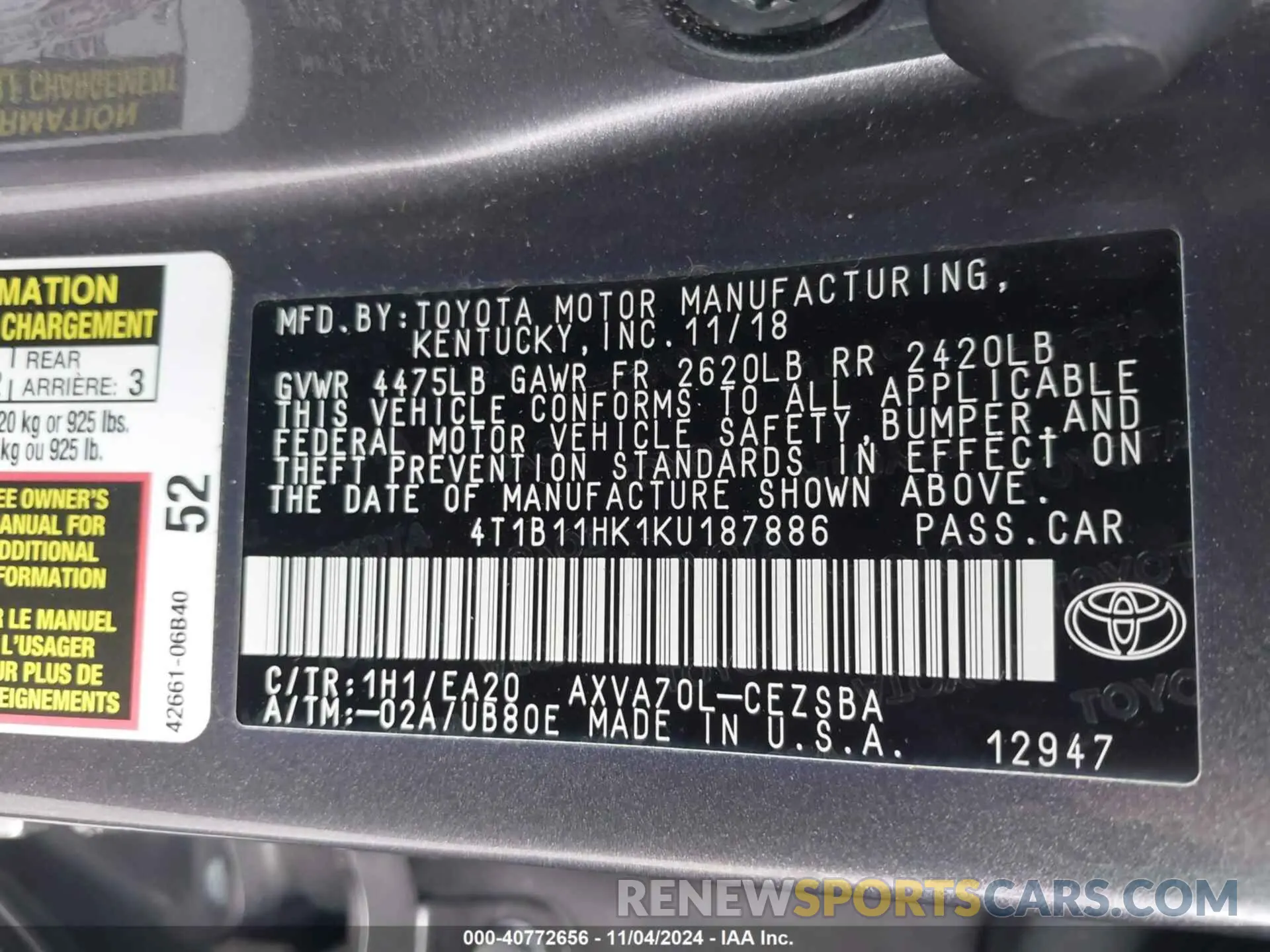 9 fotografías del automóvil dañado 4T1B11HK1KU187886 TOYOTA CAMRY 2019