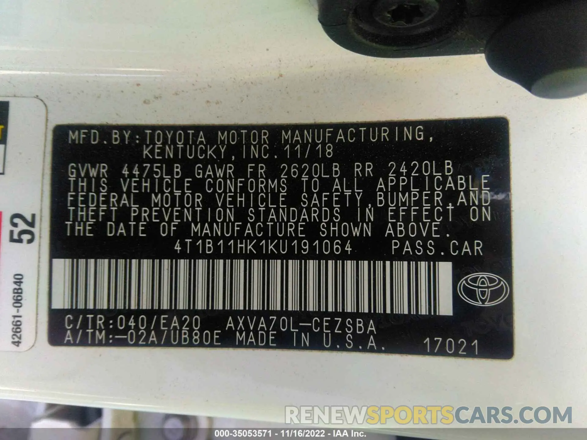 9 fotografías del automóvil dañado 4T1B11HK1KU191064 TOYOTA CAMRY 2019
