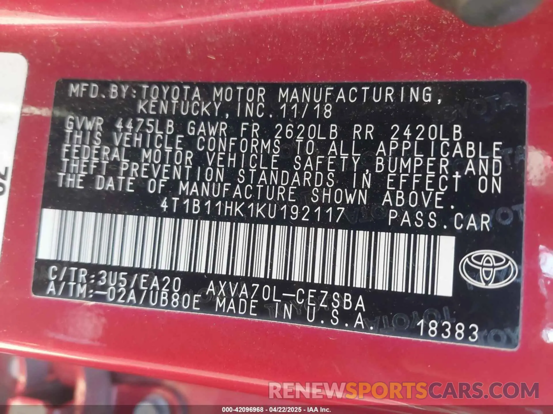 9 fotografías del automóvil dañado 4T1B11HK1KU192117 TOYOTA CAMRY 2019