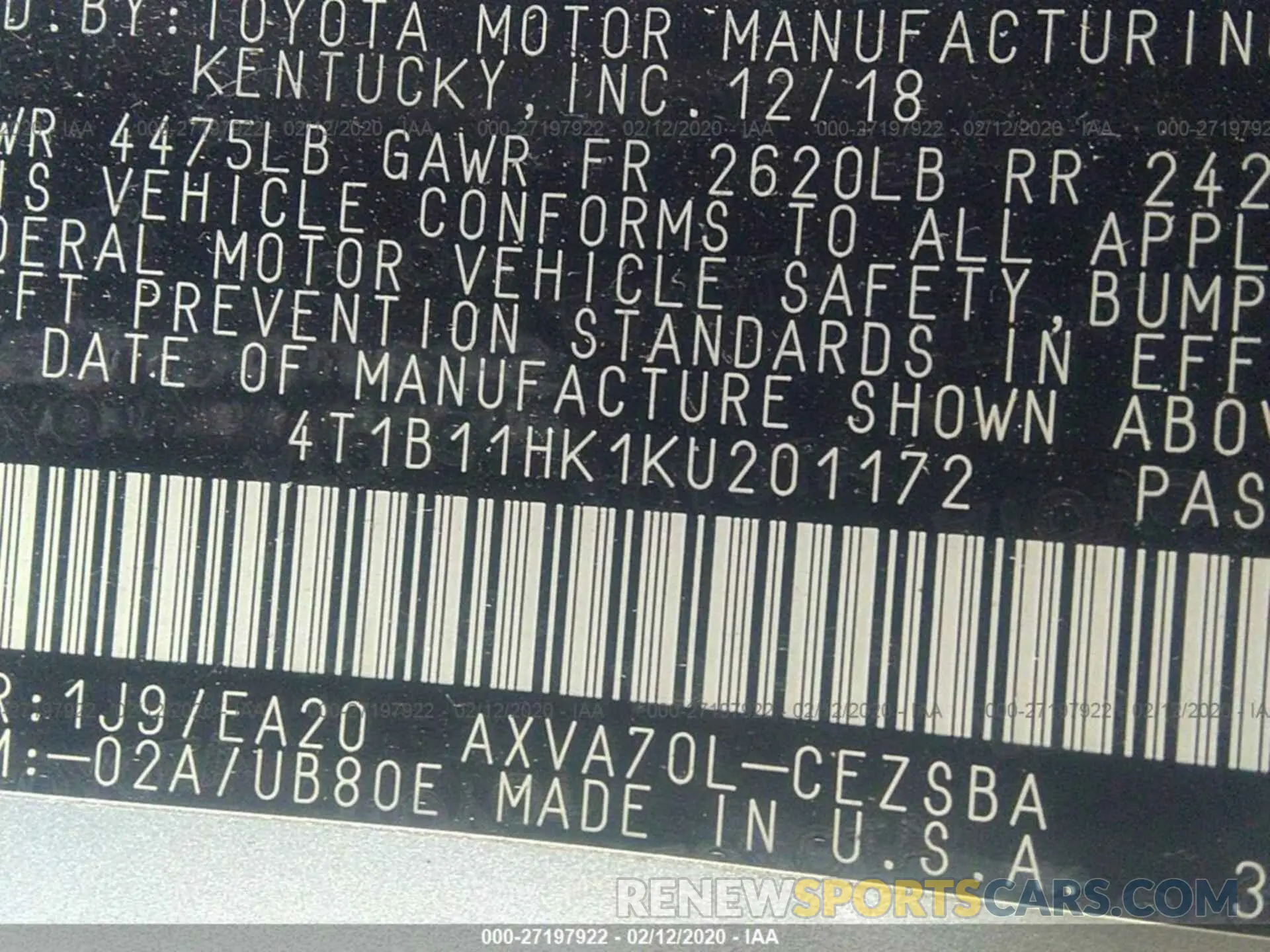 9 fotografías del automóvil dañado 4T1B11HK1KU201172 TOYOTA CAMRY 2019