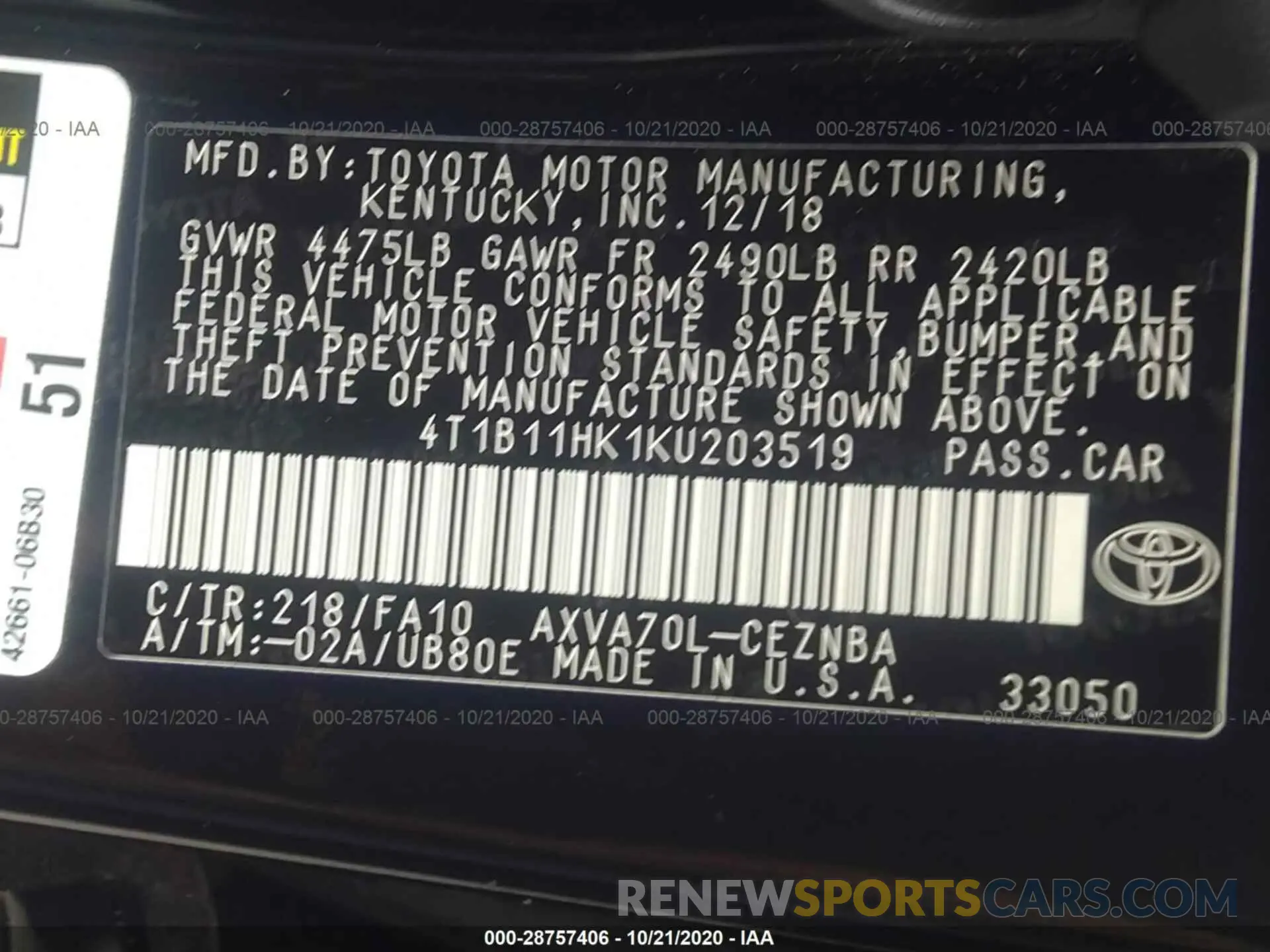 9 fotografías del automóvil dañado 4T1B11HK1KU203519 TOYOTA CAMRY 2019