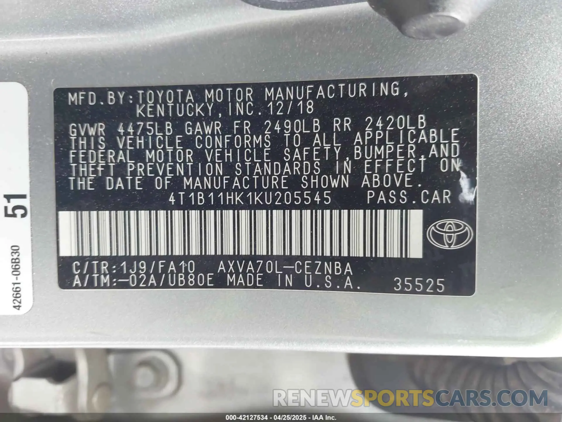 9 fotografías del automóvil dañado 4T1B11HK1KU205545 TOYOTA CAMRY 2019