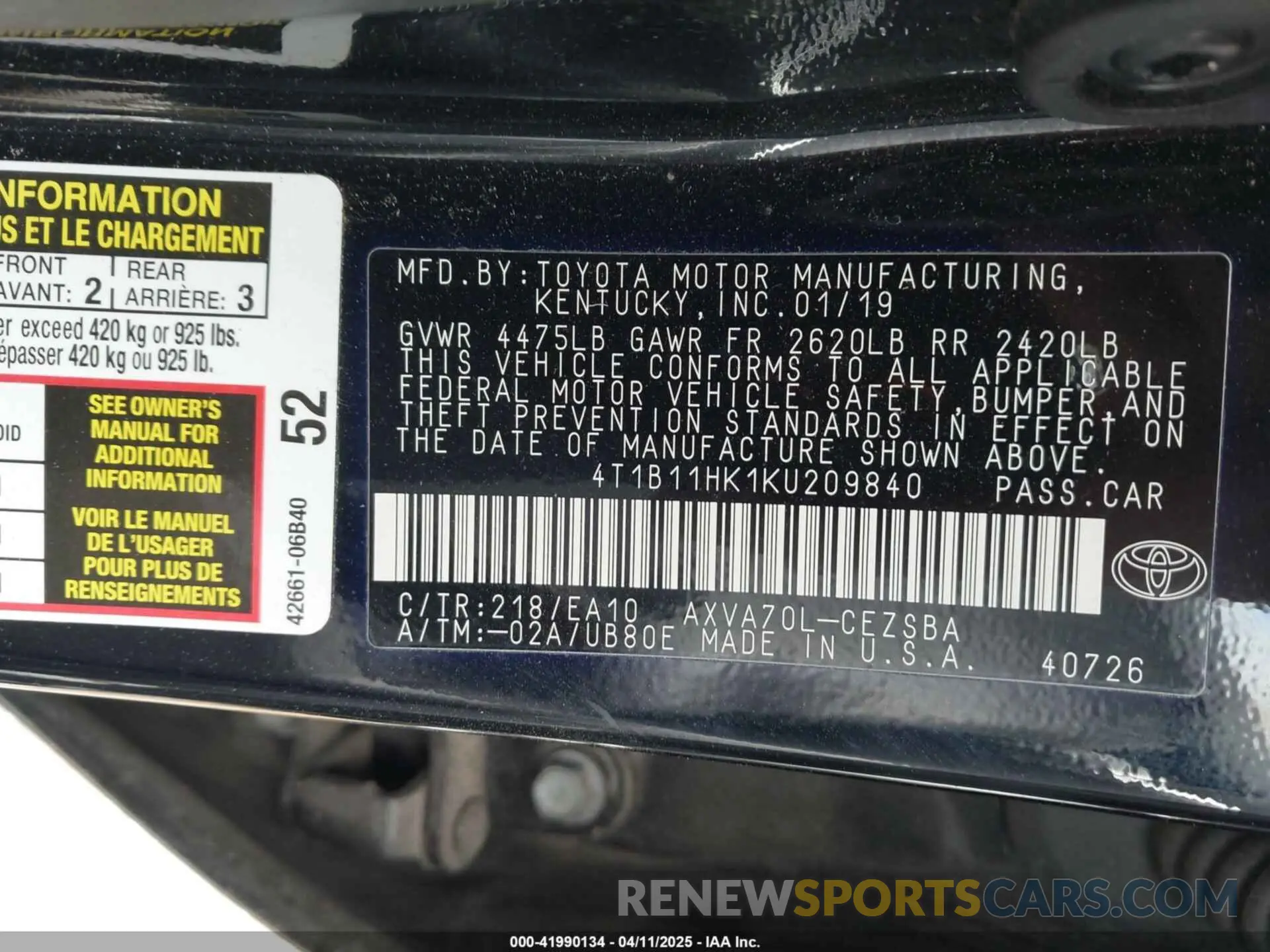 9 fotografías del automóvil dañado 4T1B11HK1KU209840 TOYOTA CAMRY 2019