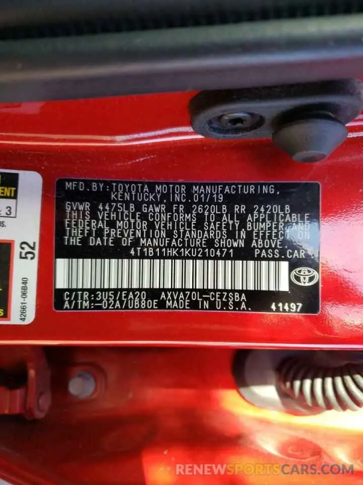 10 fotografías del automóvil dañado 4T1B11HK1KU210471 TOYOTA CAMRY 2019