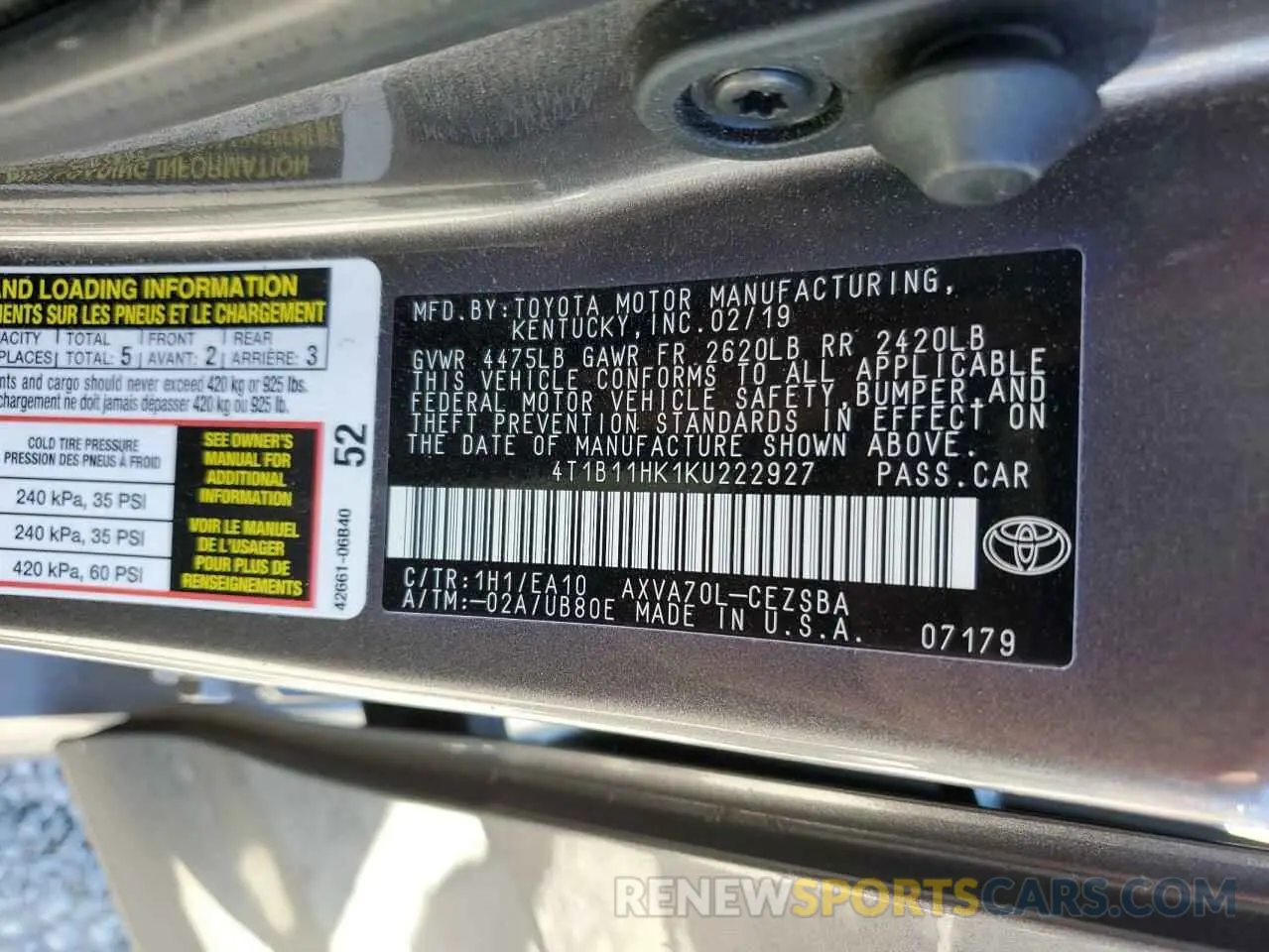 13 fotografías del automóvil dañado 4T1B11HK1KU222927 TOYOTA CAMRY 2019