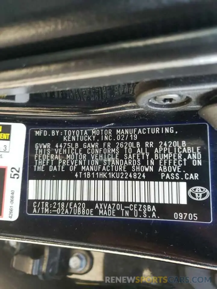 10 fotografías del automóvil dañado 4T1B11HK1KU224824 TOYOTA CAMRY 2019