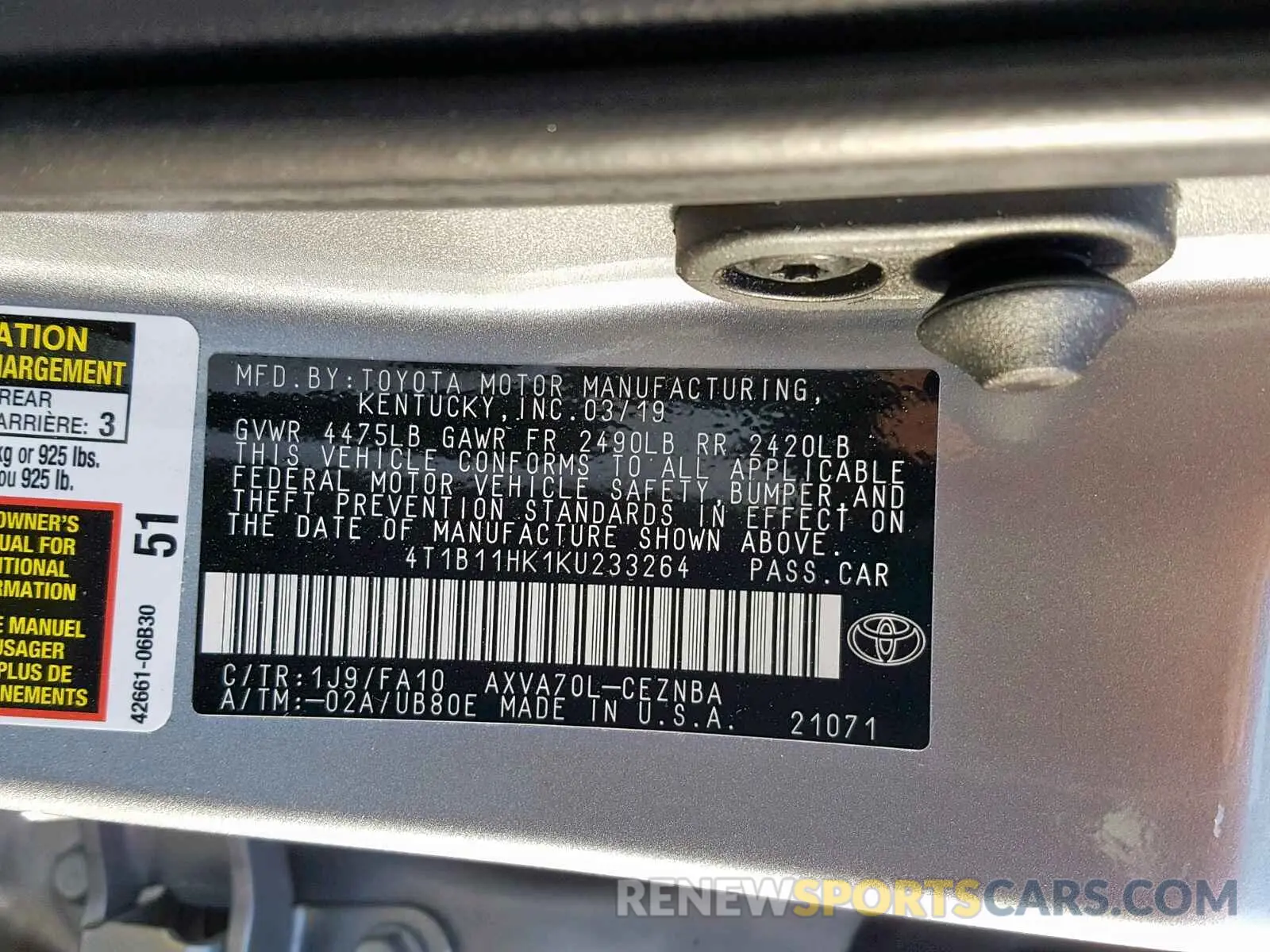 10 fotografías del automóvil dañado 4T1B11HK1KU233264 TOYOTA CAMRY 2019