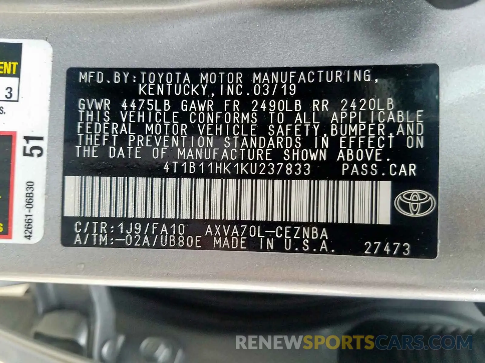 10 fotografías del automóvil dañado 4T1B11HK1KU237833 TOYOTA CAMRY 2019