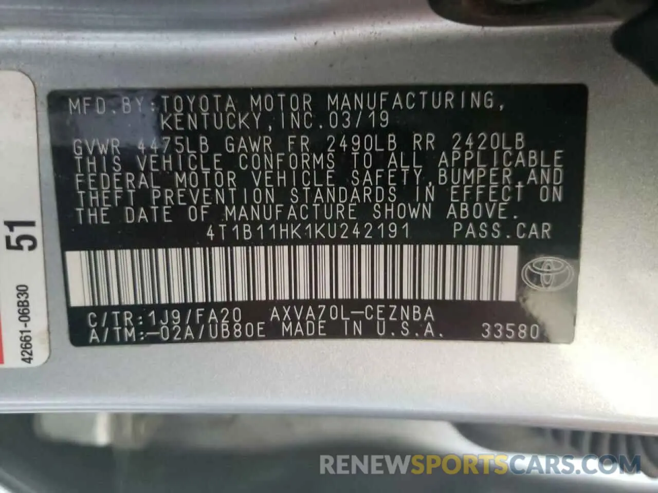 10 fotografías del automóvil dañado 4T1B11HK1KU242191 TOYOTA CAMRY 2019