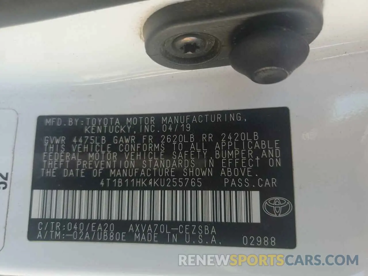 12 fotografías del automóvil dañado 4T1B11HK1KU255765 TOYOTA CAMRY 2019
