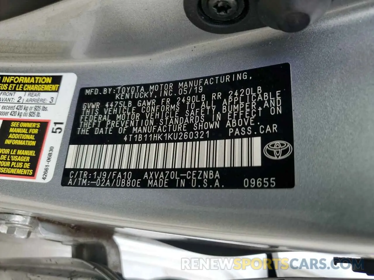 13 fotografías del automóvil dañado 4T1B11HK1KU260321 TOYOTA CAMRY 2019