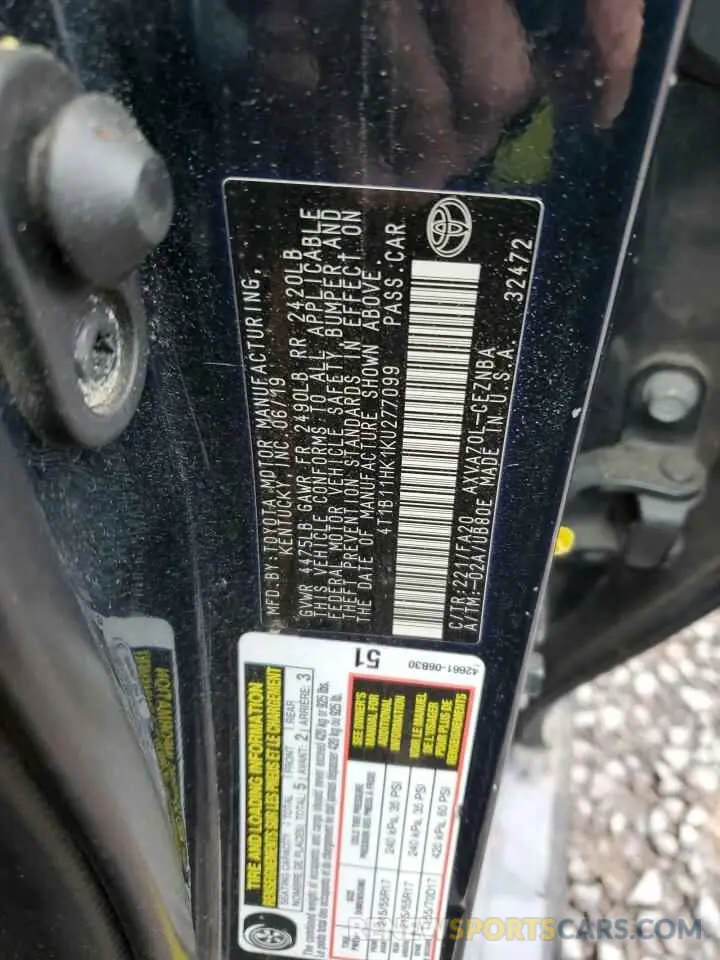12 fotografías del automóvil dañado 4T1B11HK1KU277099 TOYOTA CAMRY 2019