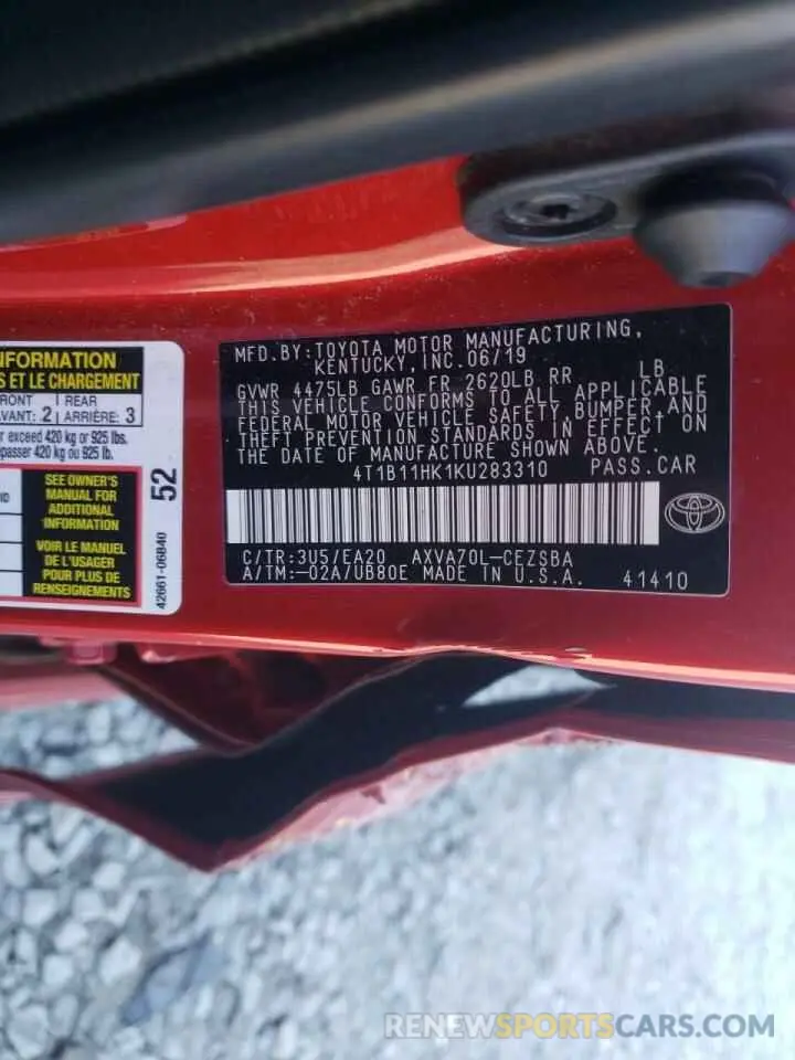10 fotografías del automóvil dañado 4T1B11HK1KU283310 TOYOTA CAMRY 2019