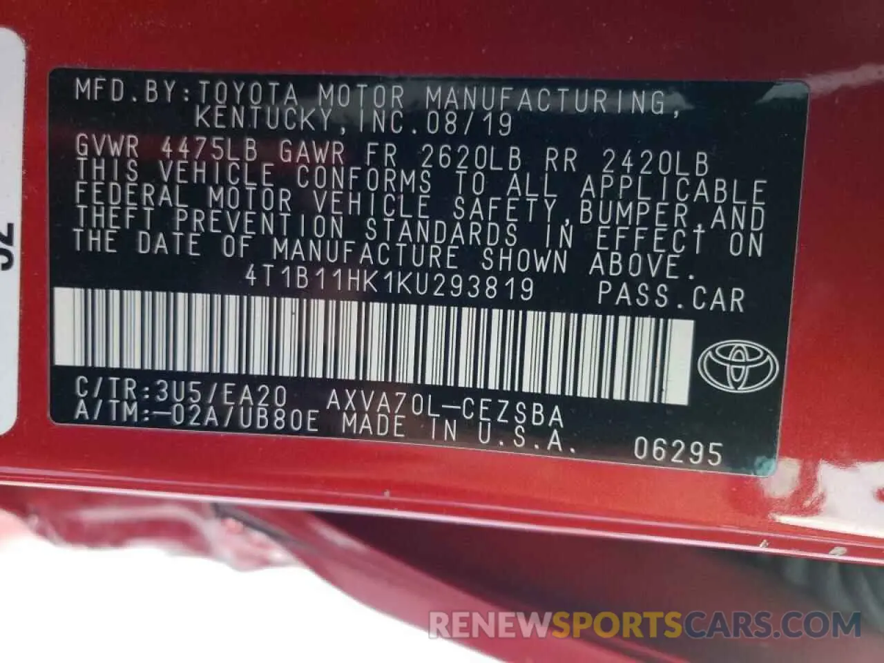 10 fotografías del automóvil dañado 4T1B11HK1KU293819 TOYOTA CAMRY 2019