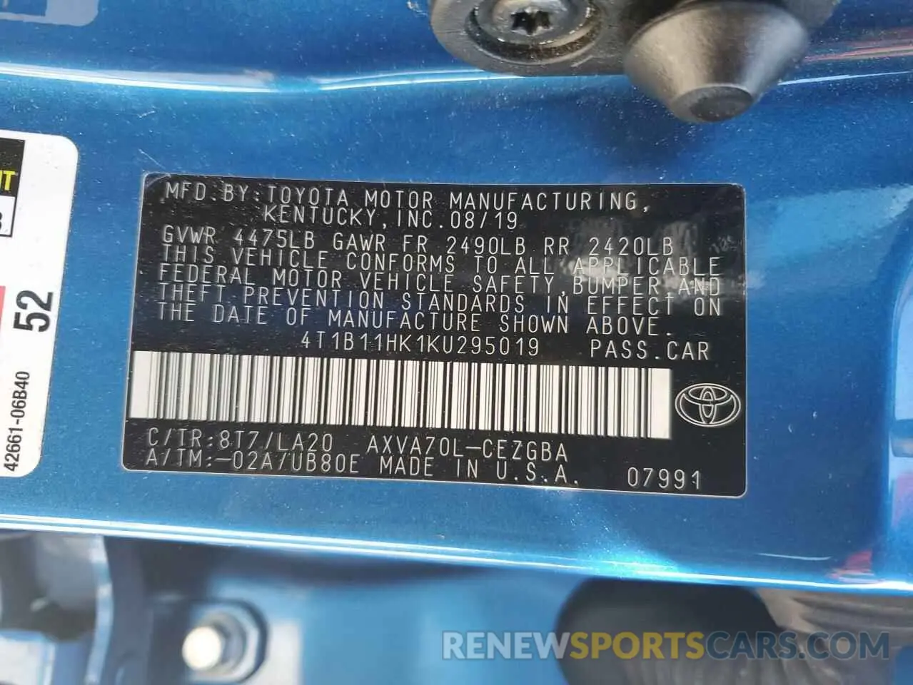 12 fotografías del automóvil dañado 4T1B11HK1KU295019 TOYOTA CAMRY 2019