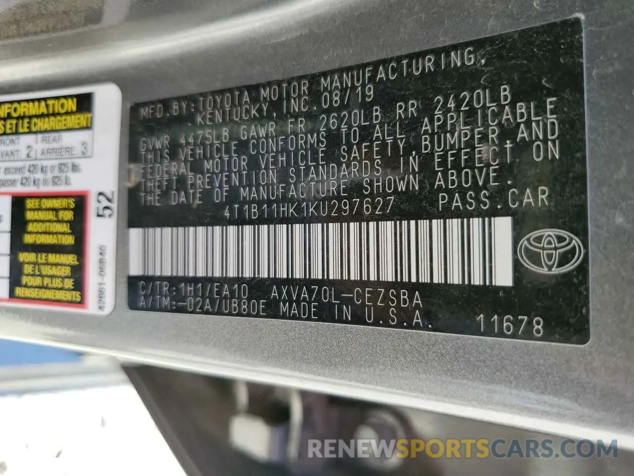 12 fotografías del automóvil dañado 4T1B11HK1KU297627 TOYOTA CAMRY 2019