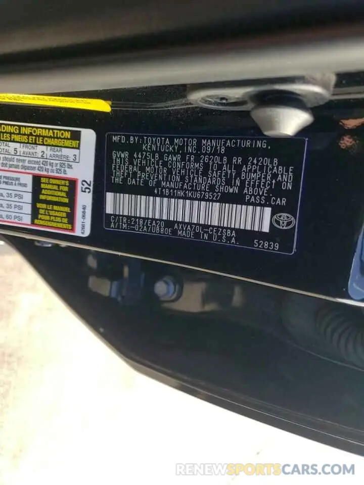 10 fotografías del automóvil dañado 4T1B11HK1KU679527 TOYOTA CAMRY 2019