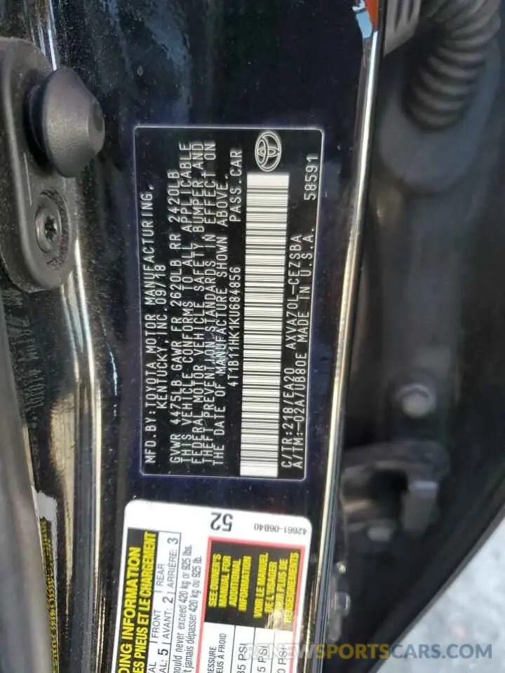 12 fotografías del automóvil dañado 4T1B11HK1KU684856 TOYOTA CAMRY 2019