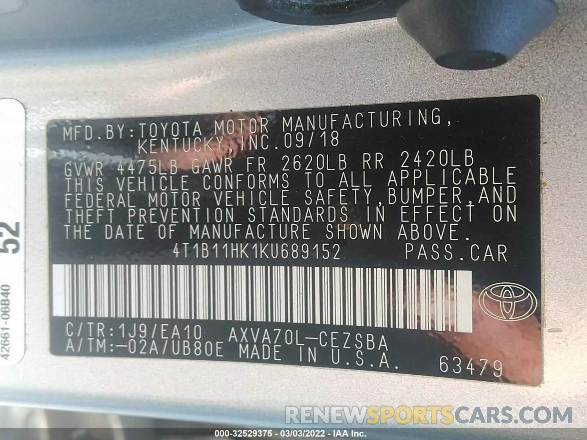 9 fotografías del automóvil dañado 4T1B11HK1KU689152 TOYOTA CAMRY 2019