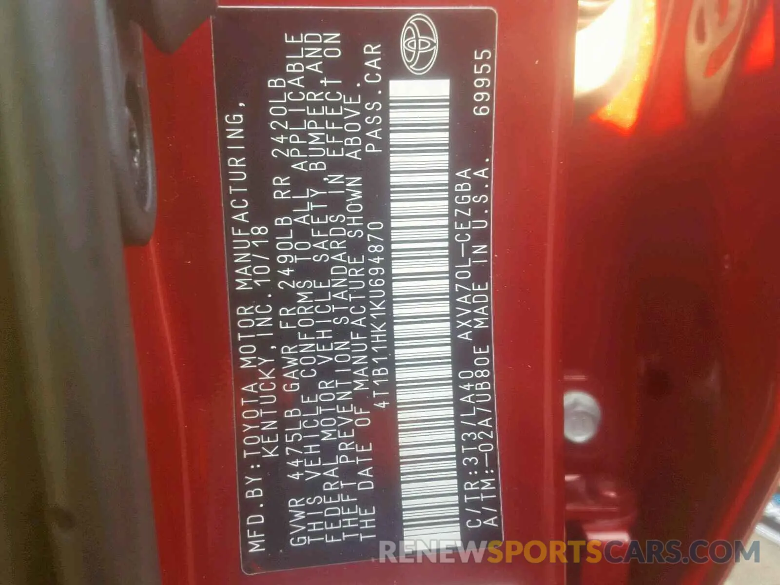 10 fotografías del automóvil dañado 4T1B11HK1KU694870 TOYOTA CAMRY 2019