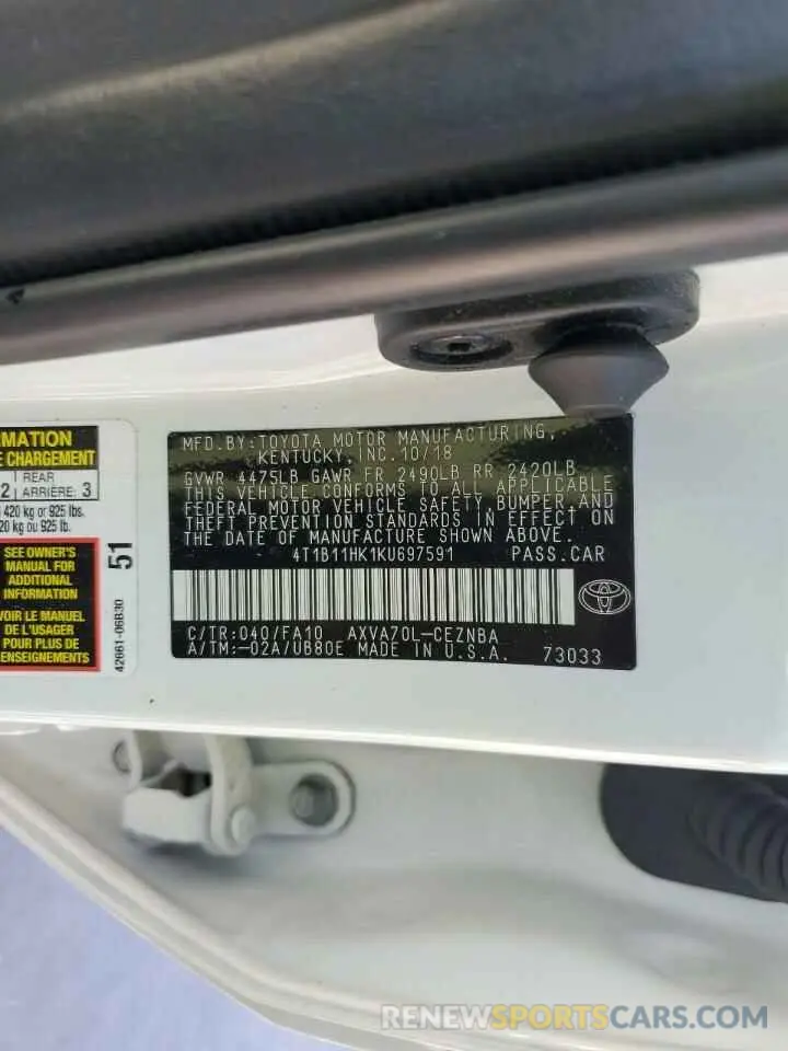 12 fotografías del automóvil dañado 4T1B11HK1KU697591 TOYOTA CAMRY 2019