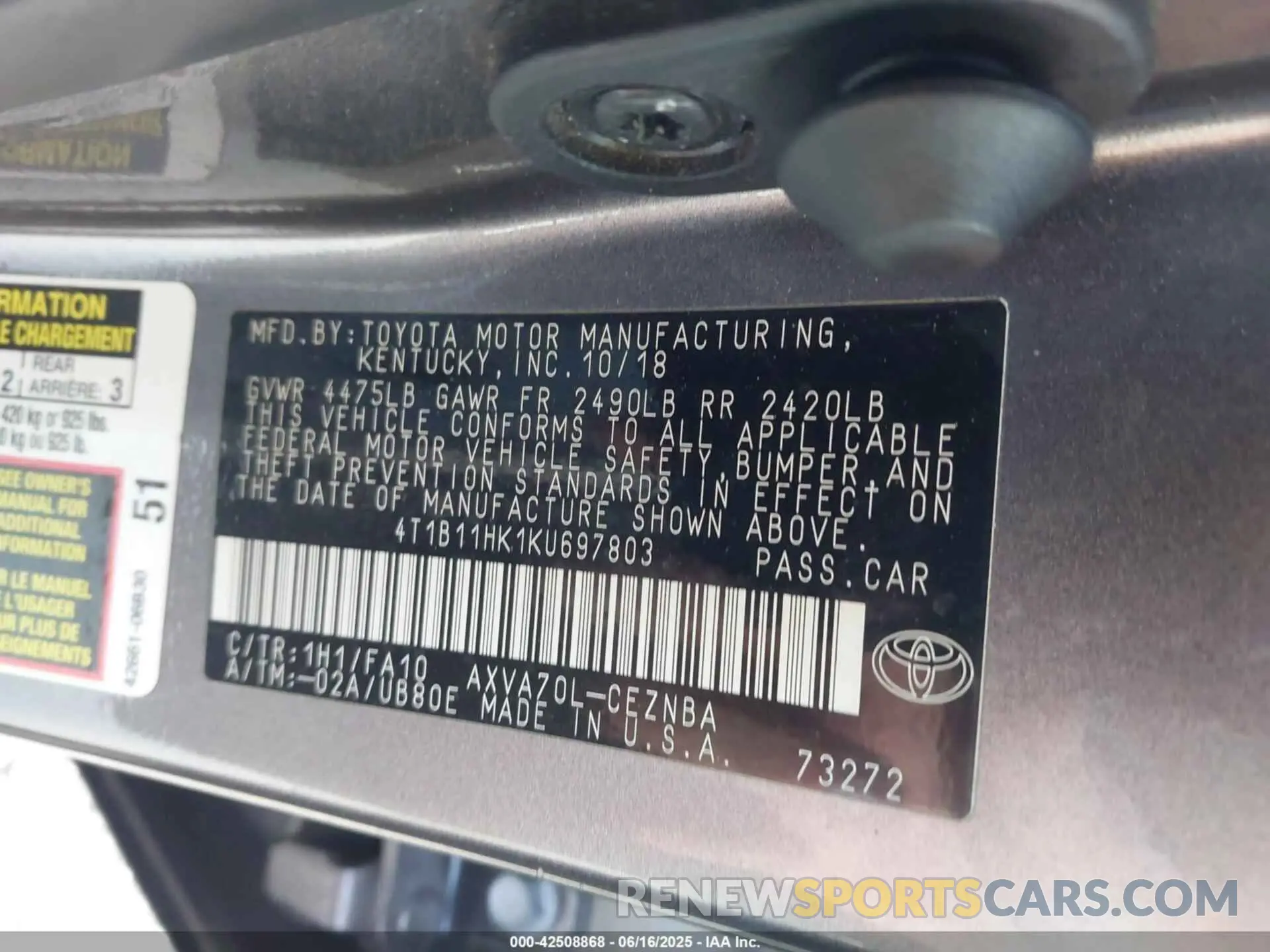9 fotografías del automóvil dañado 4T1B11HK1KU697803 TOYOTA CAMRY 2019