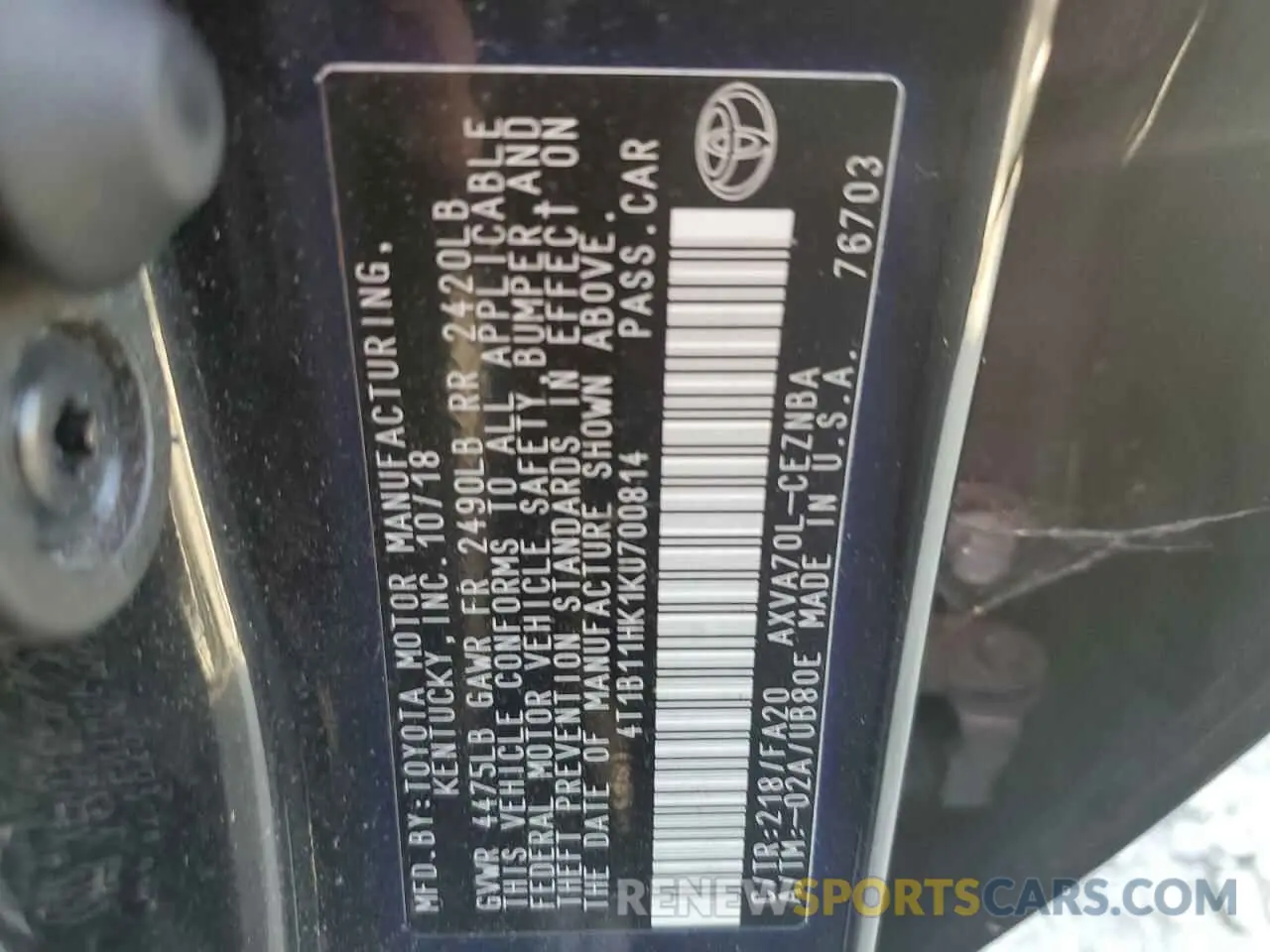 12 fotografías del automóvil dañado 4T1B11HK1KU700814 TOYOTA CAMRY 2019