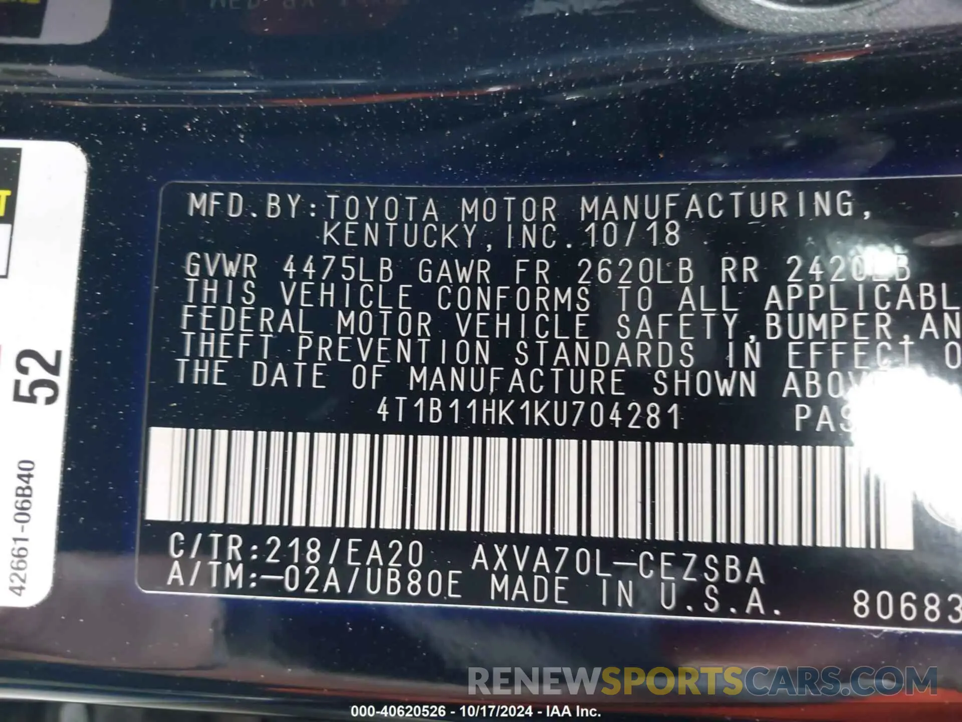 9 fotografías del automóvil dañado 4T1B11HK1KU704281 TOYOTA CAMRY 2019
