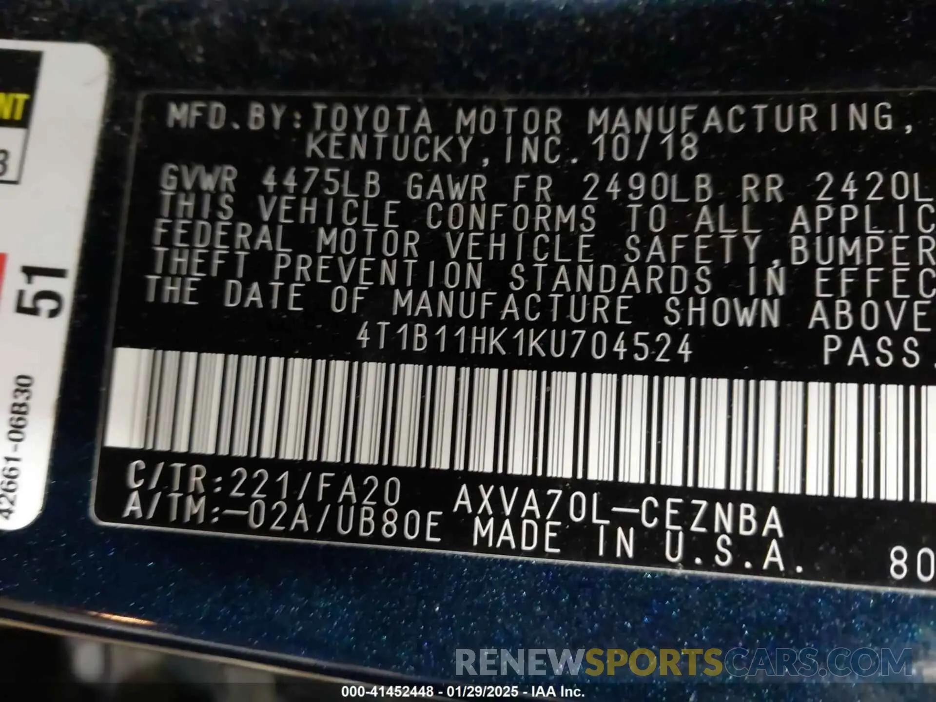 9 fotografías del automóvil dañado 4T1B11HK1KU704524 TOYOTA CAMRY 2019
