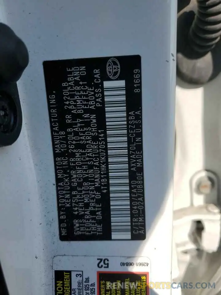 13 fotografías del automóvil dañado 4T1B11HK1KU705141 TOYOTA CAMRY 2019