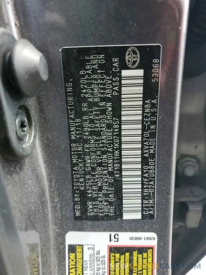 13 fotografías del automóvil dañado 4T1B11HK1KU714857 TOYOTA CAMRY 2019