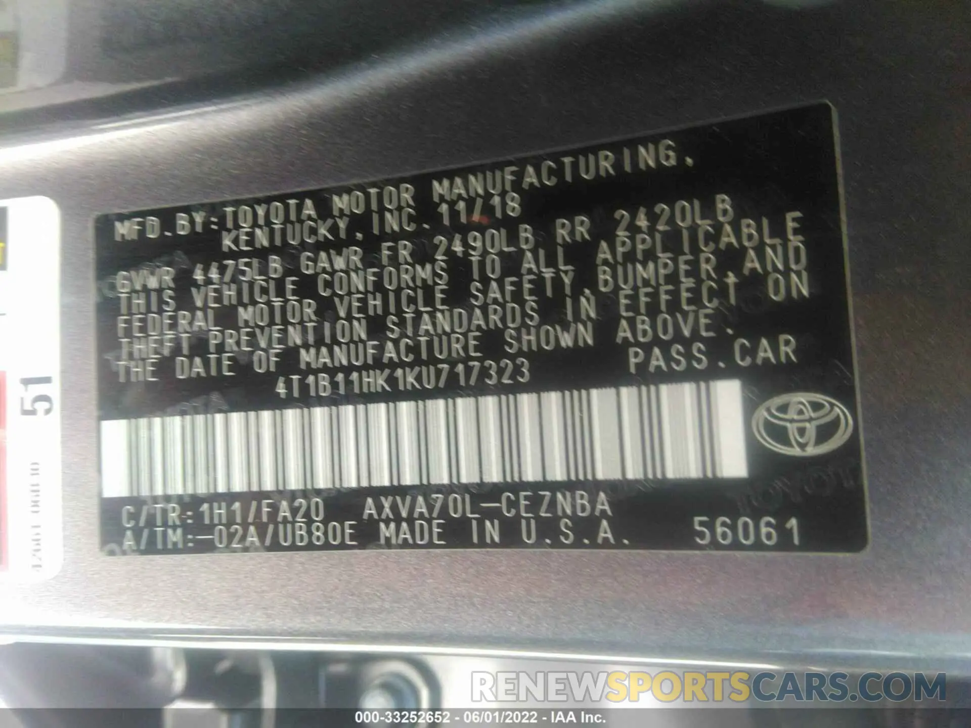 9 fotografías del automóvil dañado 4T1B11HK1KU717323 TOYOTA CAMRY 2019