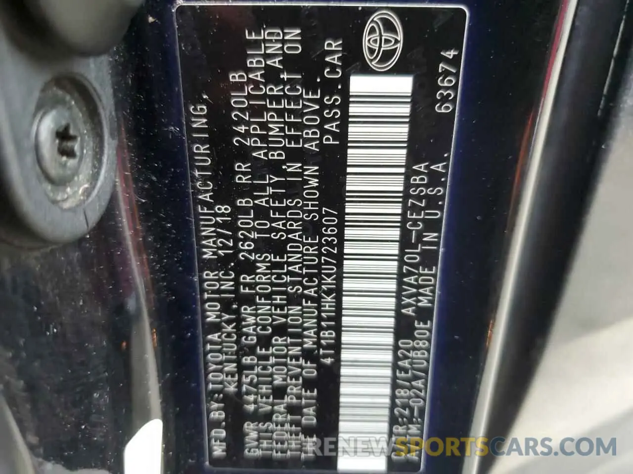 12 fotografías del automóvil dañado 4T1B11HK1KU723607 TOYOTA CAMRY 2019