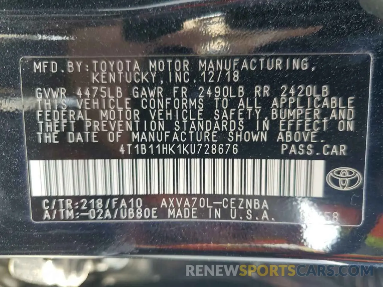 13 fotografías del automóvil dañado 4T1B11HK1KU728676 TOYOTA CAMRY 2019