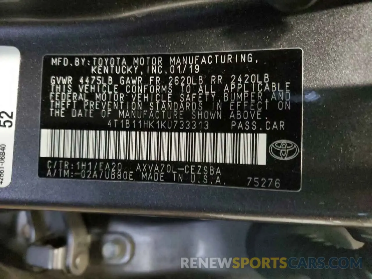 12 fotografías del automóvil dañado 4T1B11HK1KU733313 TOYOTA CAMRY 2019