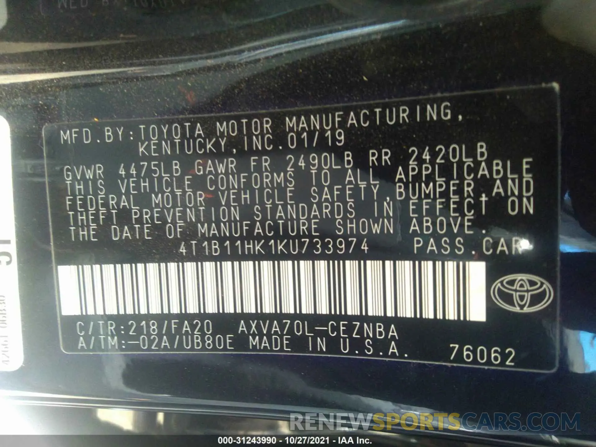 9 fotografías del automóvil dañado 4T1B11HK1KU733974 TOYOTA CAMRY 2019