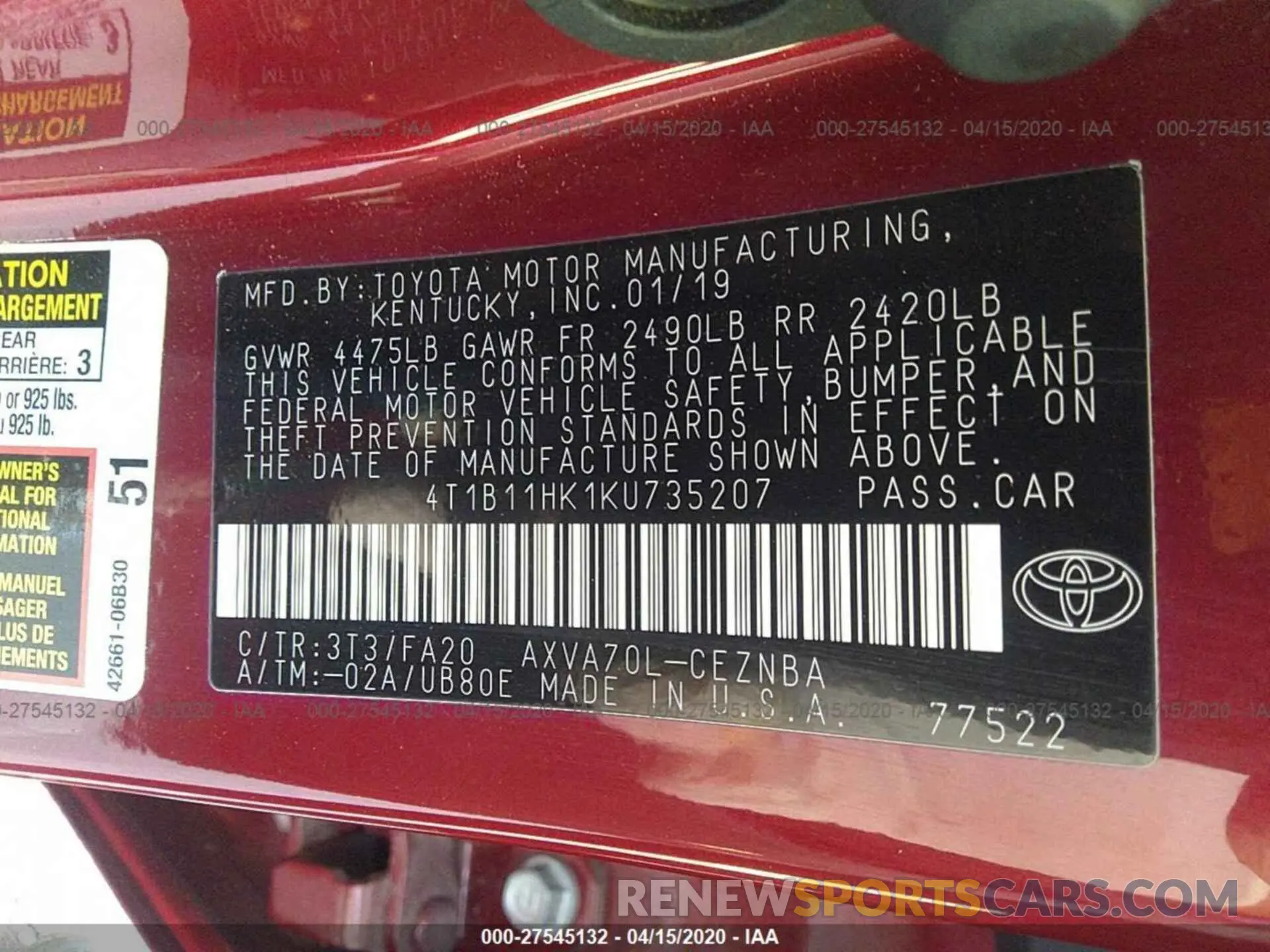 9 fotografías del automóvil dañado 4T1B11HK1KU735207 TOYOTA CAMRY 2019