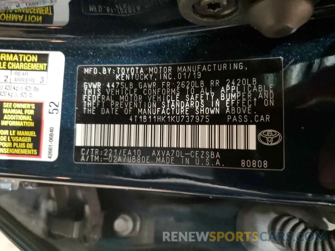 12 fotografías del automóvil dañado 4T1B11HK1KU737975 TOYOTA CAMRY 2019