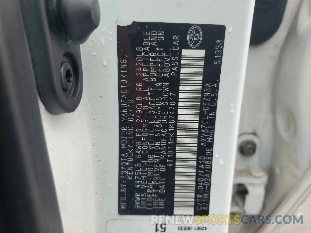 14 fotografías del automóvil dañado 4T1B11HK1KU747017 TOYOTA CAMRY 2019
