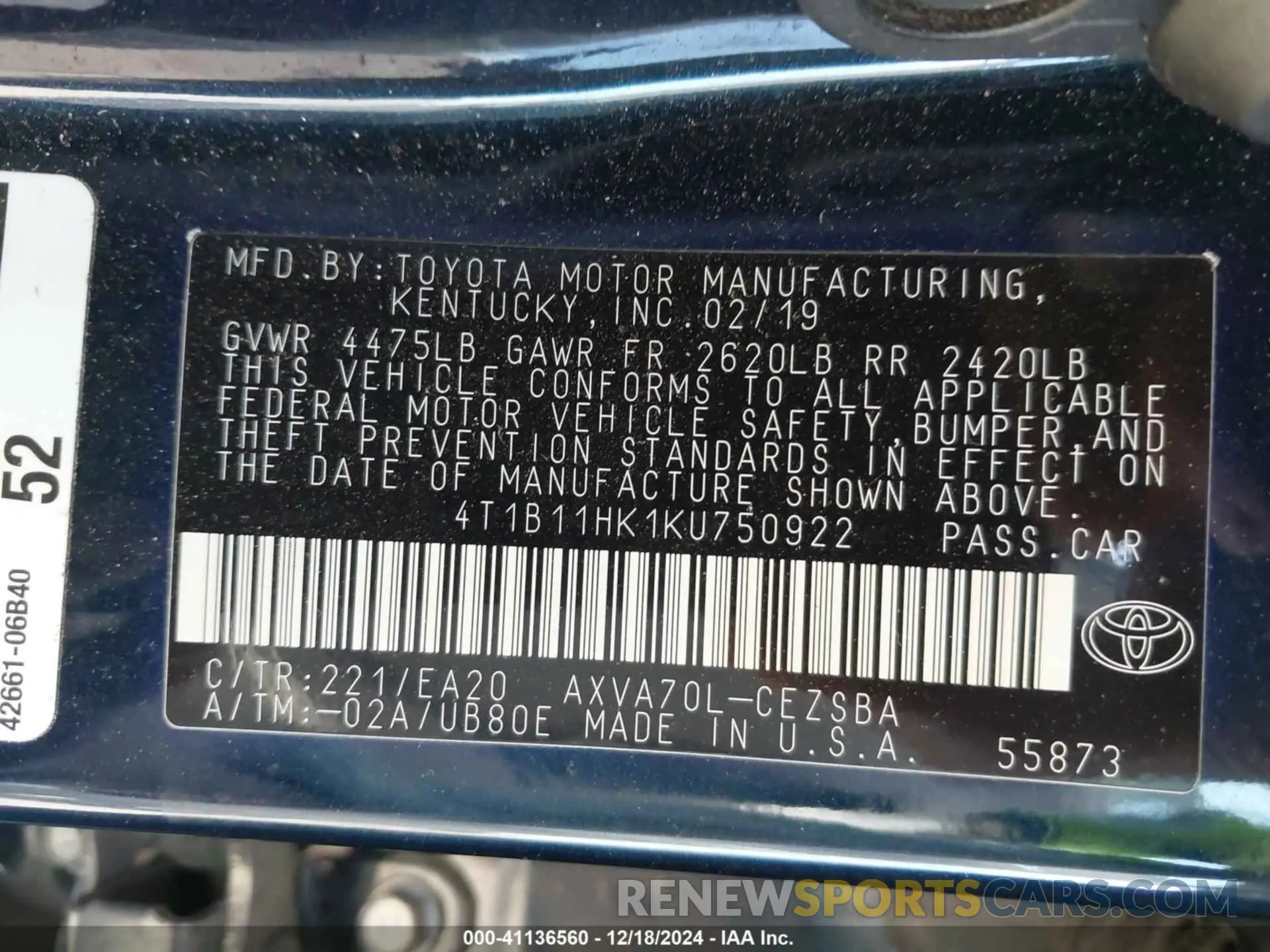 9 fotografías del automóvil dañado 4T1B11HK1KU750922 TOYOTA CAMRY 2019