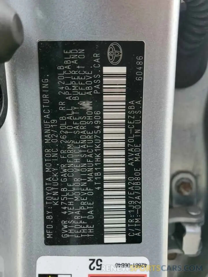 12 fotografías del automóvil dañado 4T1B11HK1KU754906 TOYOTA CAMRY 2019